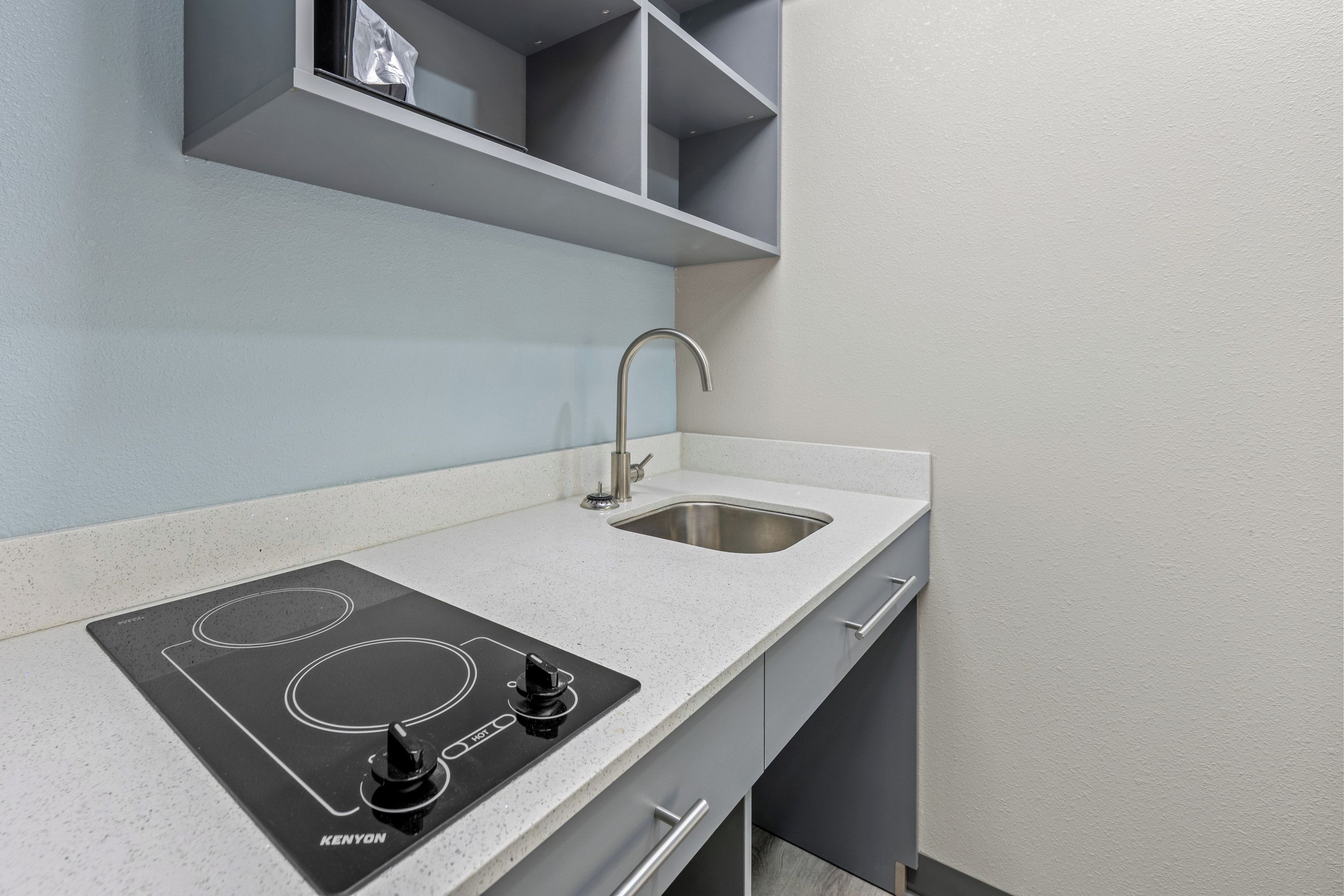 Une cuisine moderne dotée d’une plaque de cuisson à induction intégrée, d’un évier en acier inoxydable et de meubles de couleur grise.