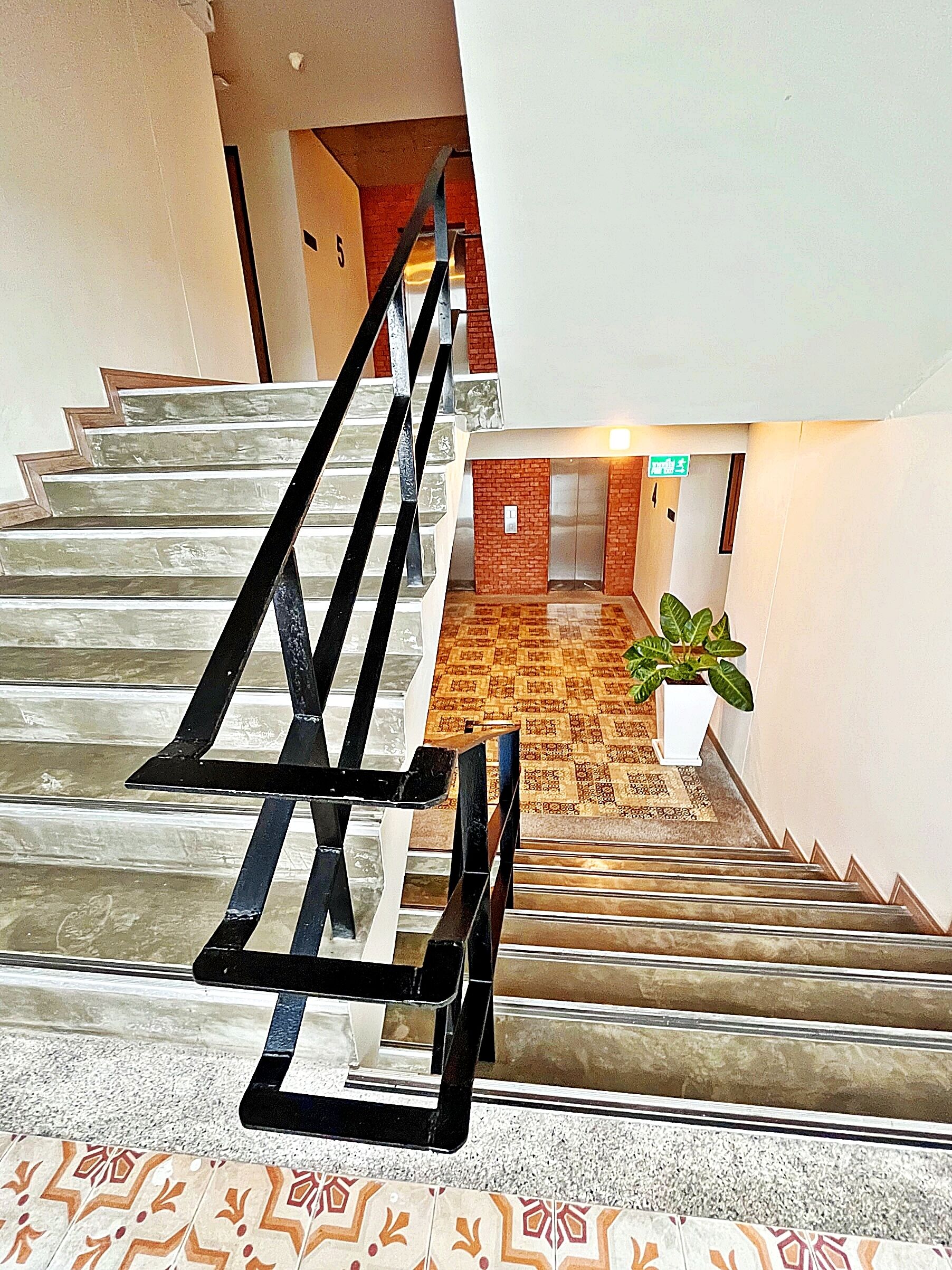 Un escalier muni d’une rampe, menant à un espace où se trouve un ascenseur, avec un tapis à motifs et une plante en pot.