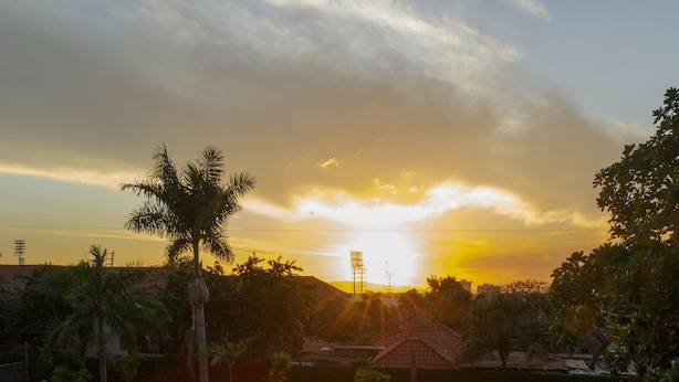 Atardecer sobre una zona residencial con casas y palmeras.