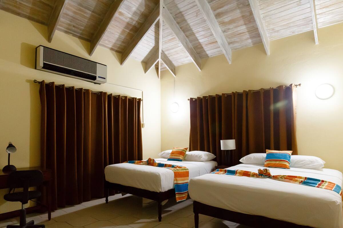 Une chambre d’hôtel avec deux lits, un bureau, une chaise et un appareil de climatisation.