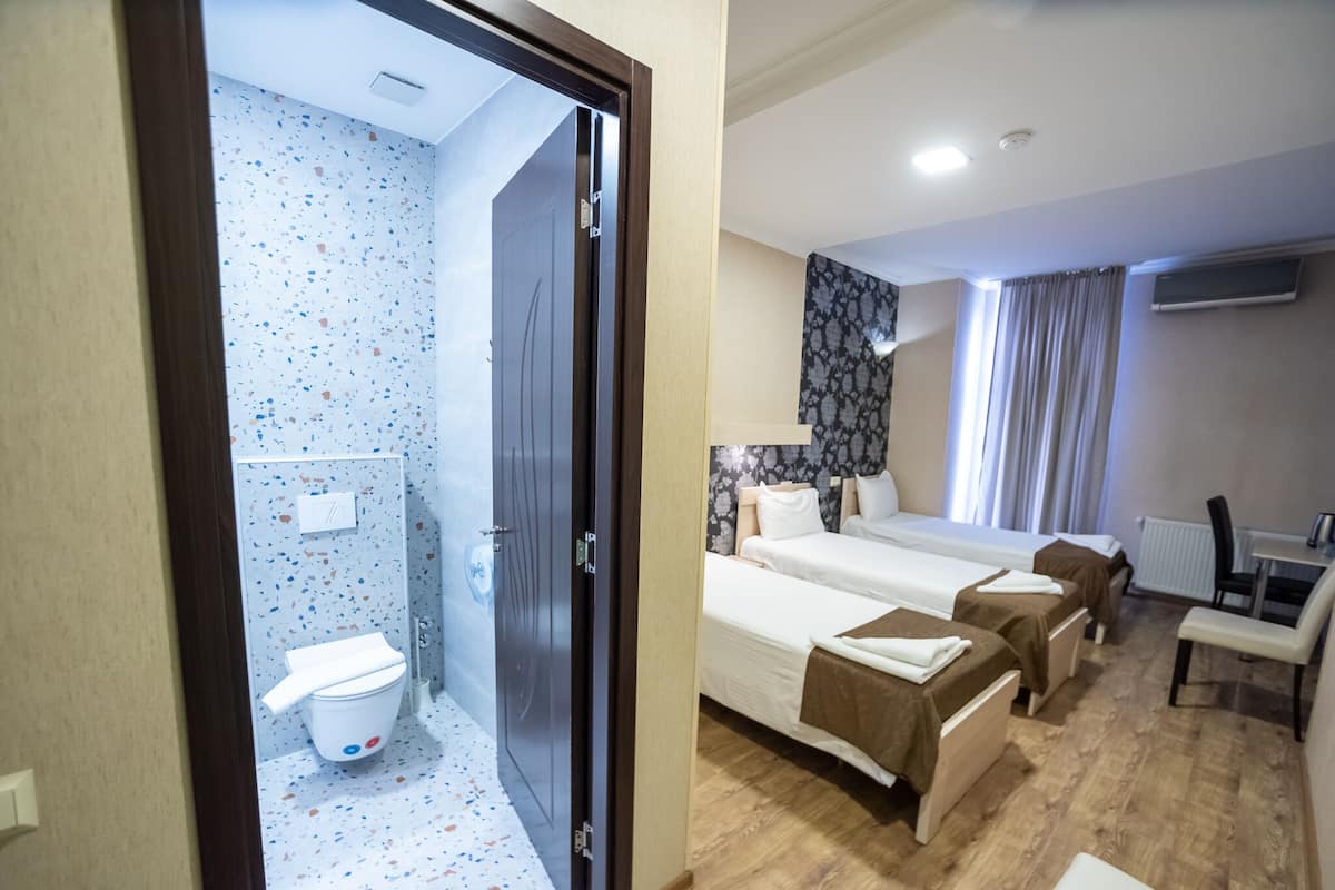 Habitación de hotel con baño, dos camas, un escritorio y una silla.