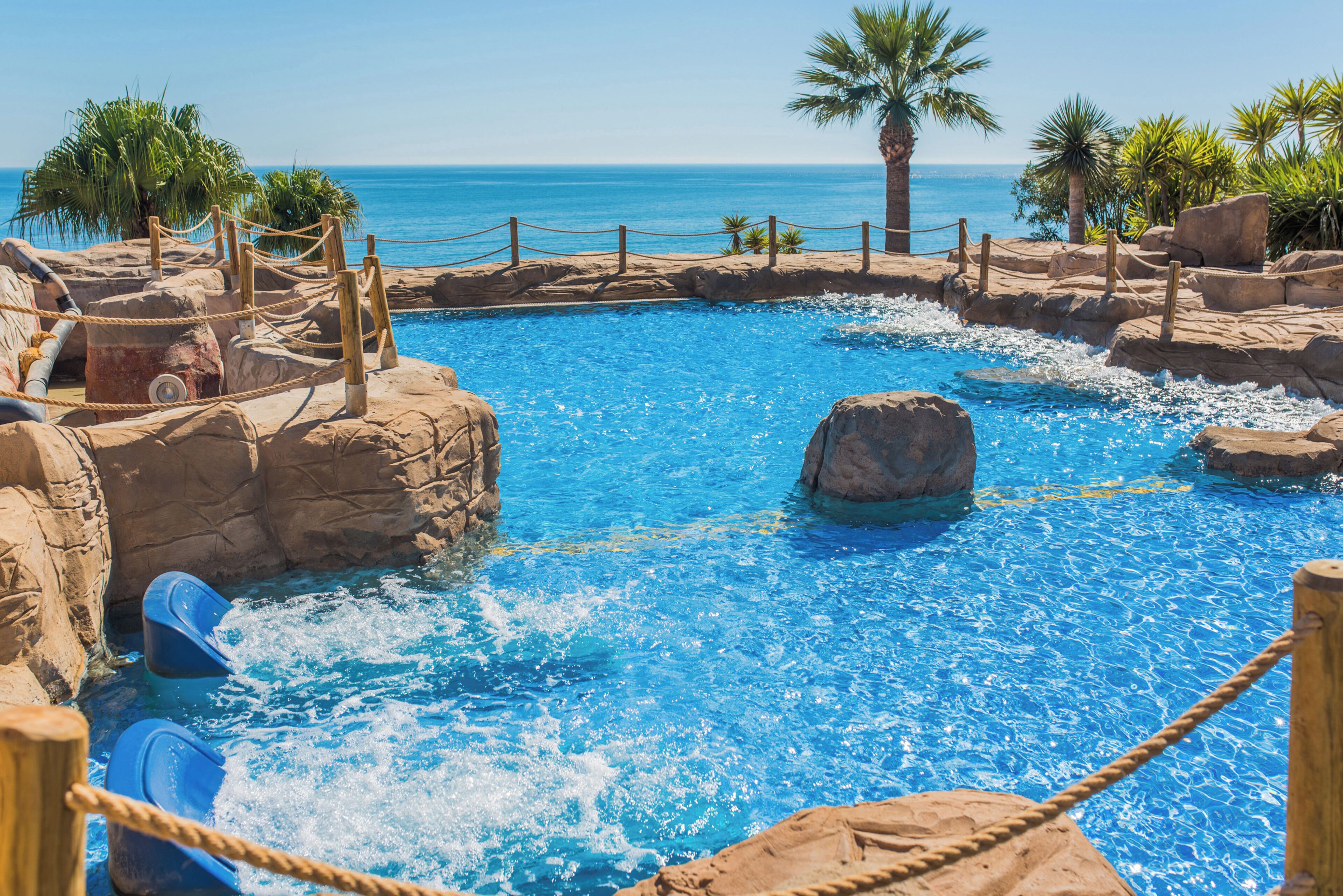 A pool with clear blue water, surrounded by rocks and palm trees.