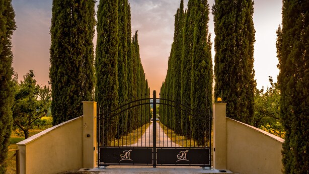 A gated entrance with tall cypress trees on either side, leading to a pathway. - Agriturismo La Fonte (Bevagna)