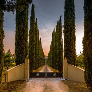Una entrada porticada flanqueada por altos cipreses, que conduce a un sendero.