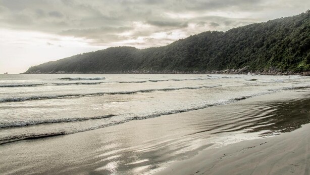 A beach with waves, a forested hill, and a cloudy sky. - Consulado Praia Hotel (Guarujá)