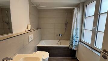 A bathroom with a bathtub, a shower, a toilet, and a sink.
