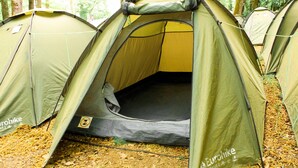 Une série de tentes installées dans un cadre forestier, probablement pour du camping.