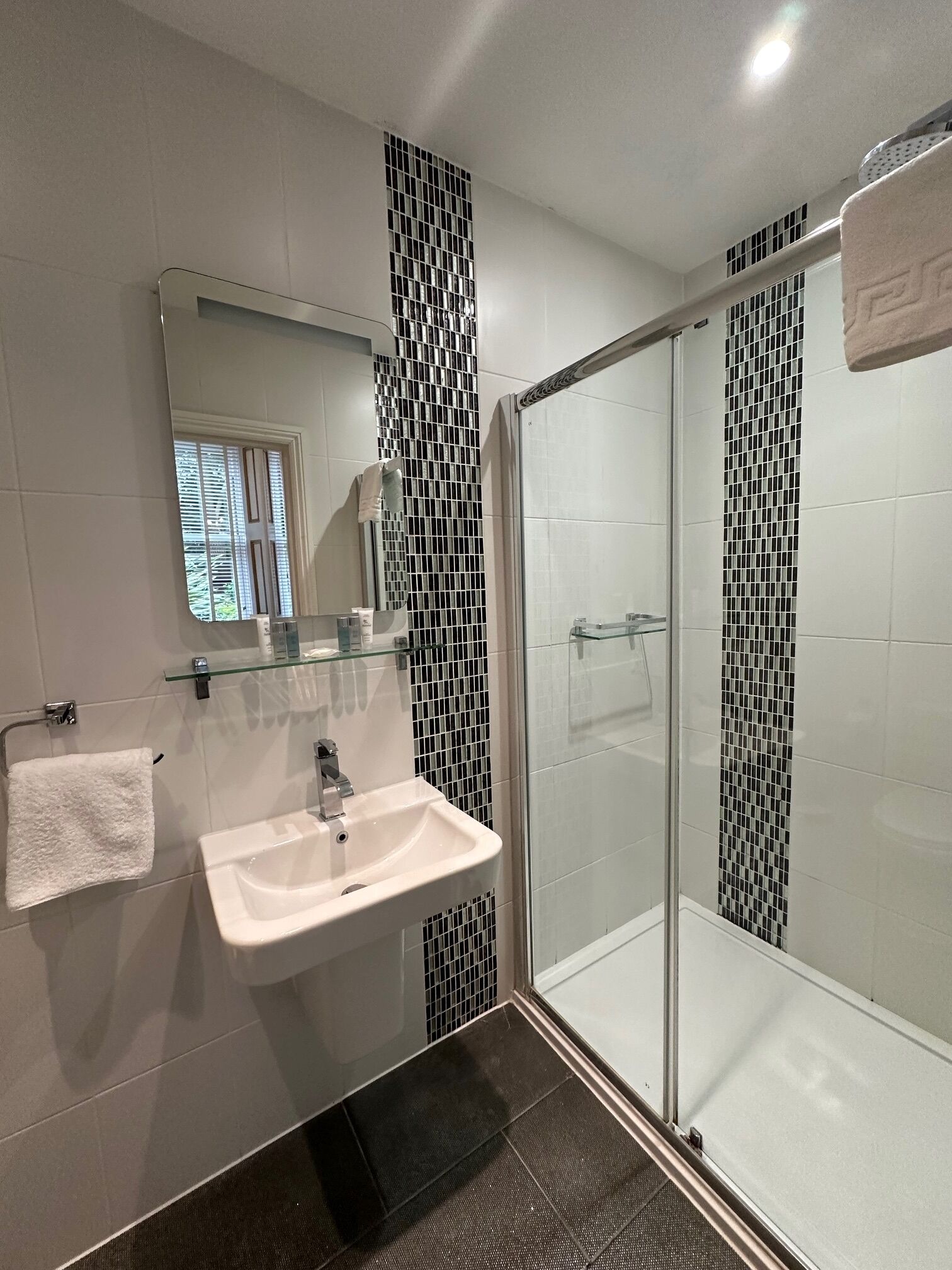 A modern bathroom with a glass shower enclosure, a white sink, and a mirror above it.