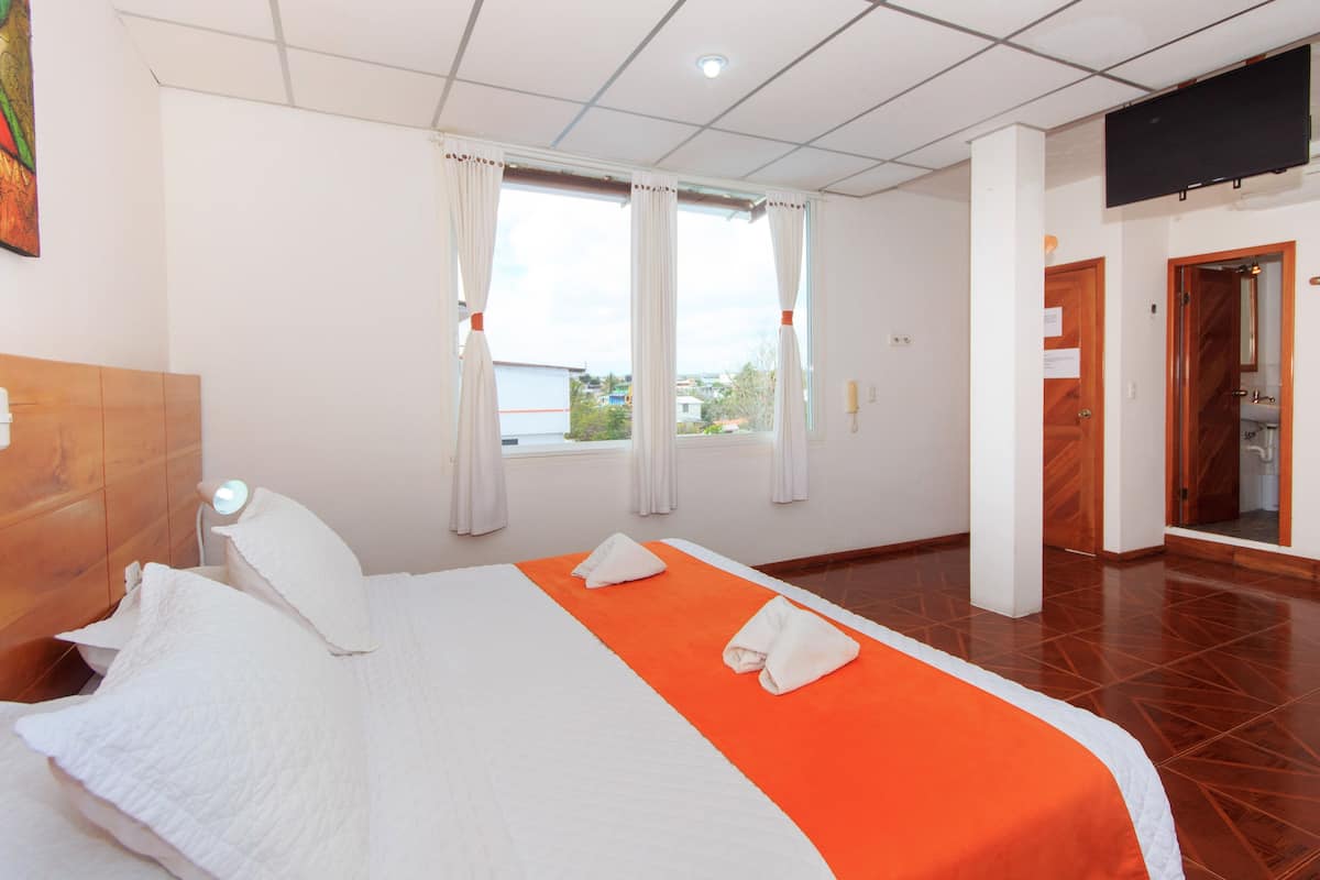 A hotel room with a bed, a bedside lamp, a window with curtains, a flat-screen TV mounted on the wall, and a bathroom door.