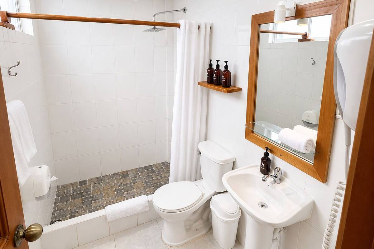 A bathroom with a shower, toilet, sink, and a mirror.