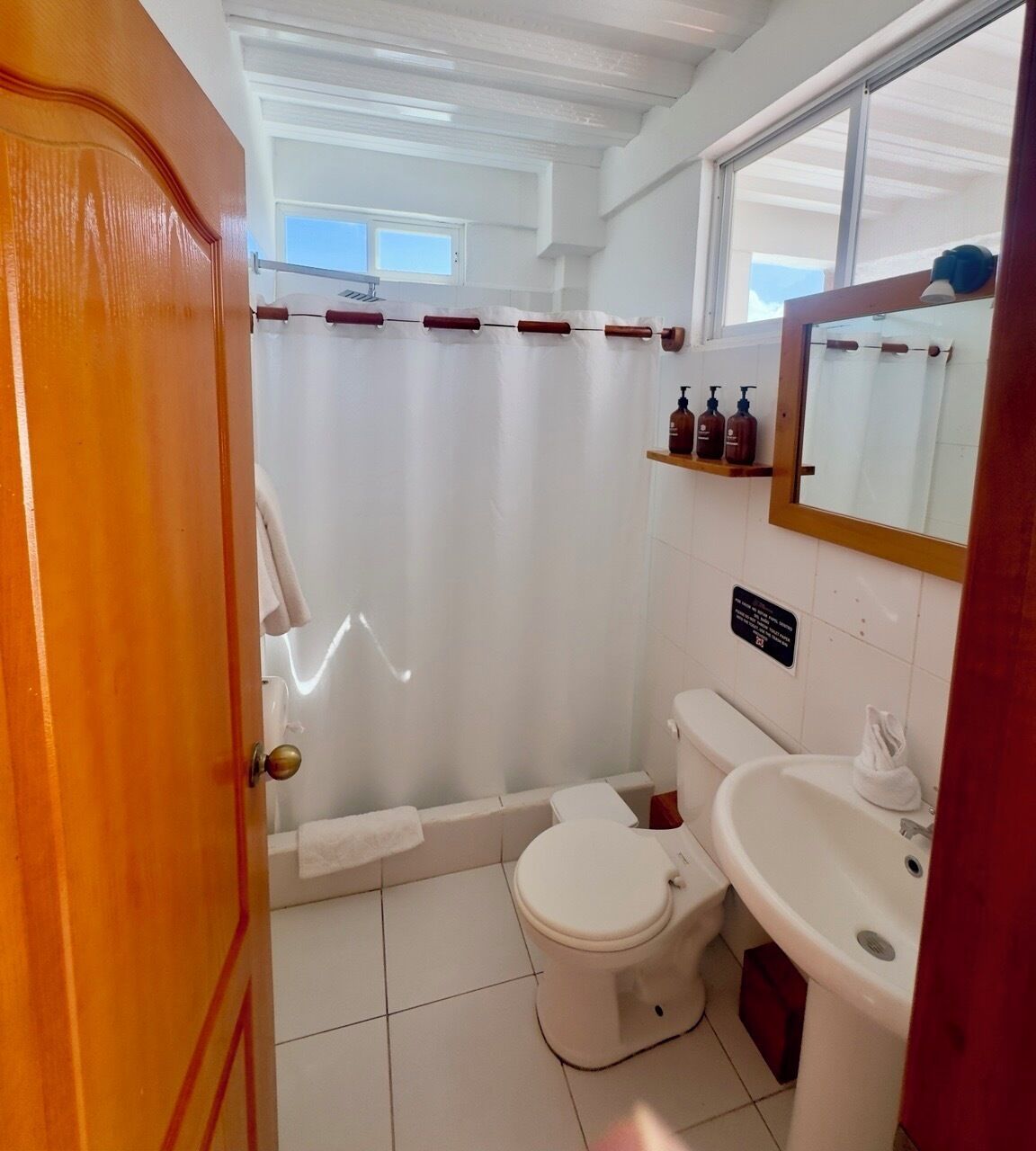 A bathroom with a toilet, sink, and shower curtain.
