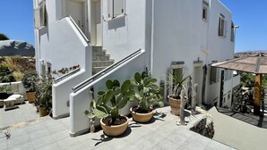 Un bâtiment blanc avec un escalier menant à une porte, entouré de plantes en pot et d’une terrasse carrelée.