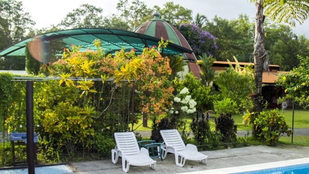 Ein Poolbereich mit zwei weißen Liegestühlen, einer überdachten Sitzgelegenheit und einem Garten mit verschiedenen Pflanzen sowie einer Kuppelstruktur im Hintergrund.
