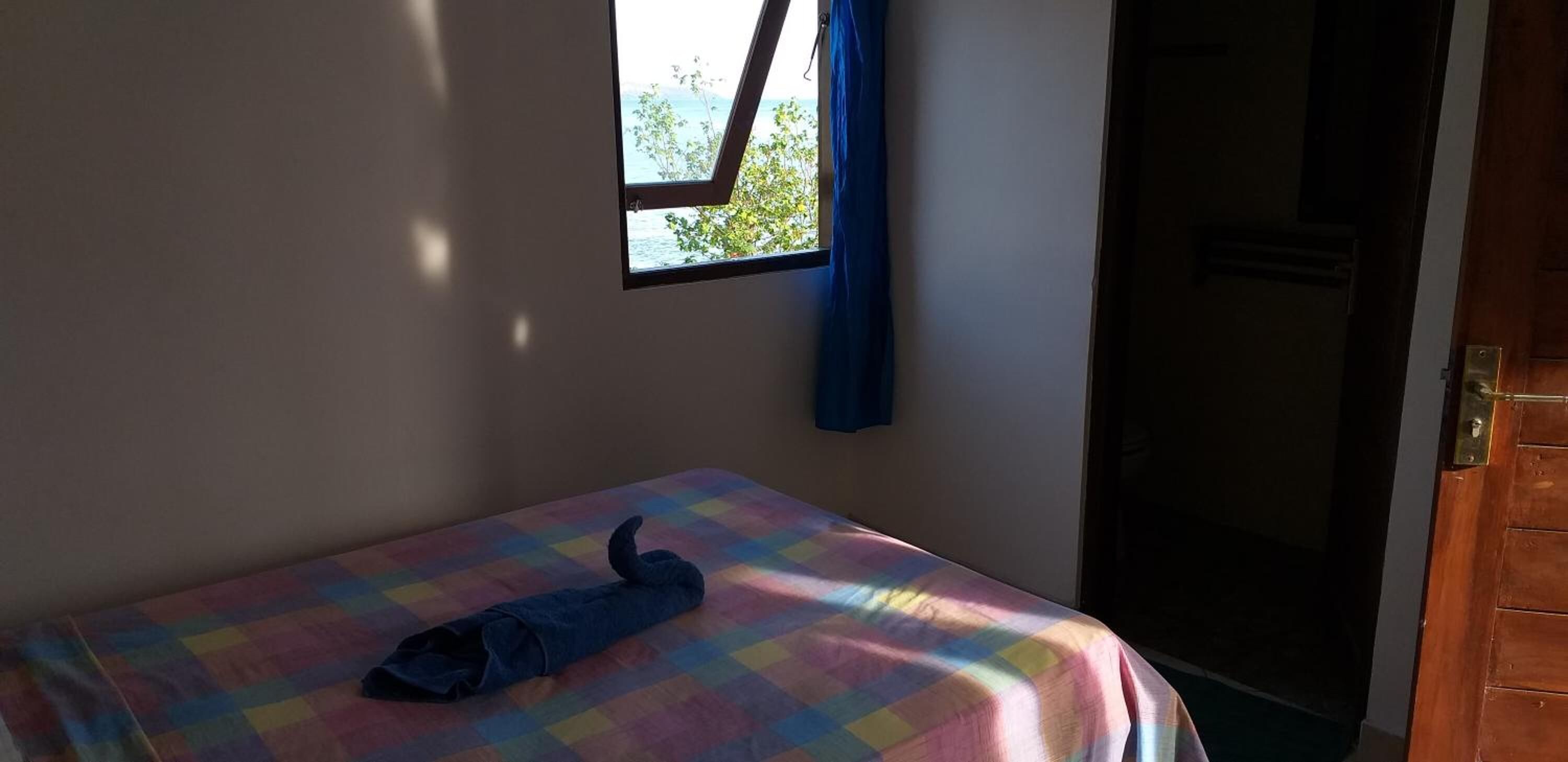 Una habitación pequeña con una cama, un ventanal con vistas a árboles y una puerta.