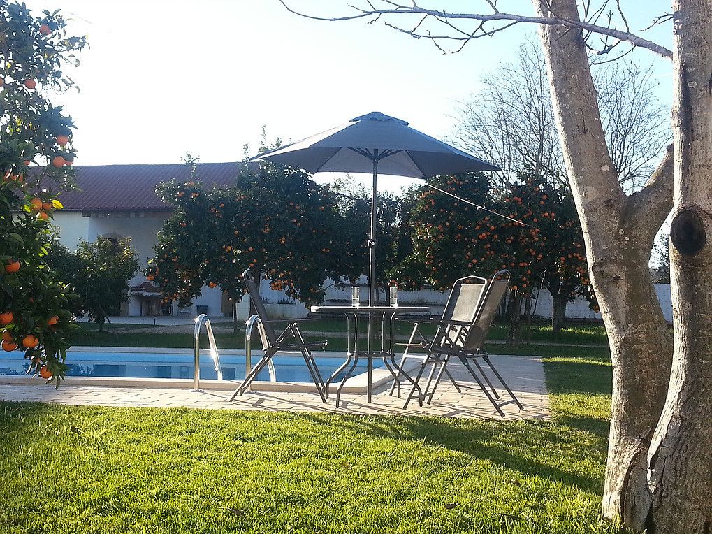 An outdoor patio with a table and chairs, a pool, and trees.