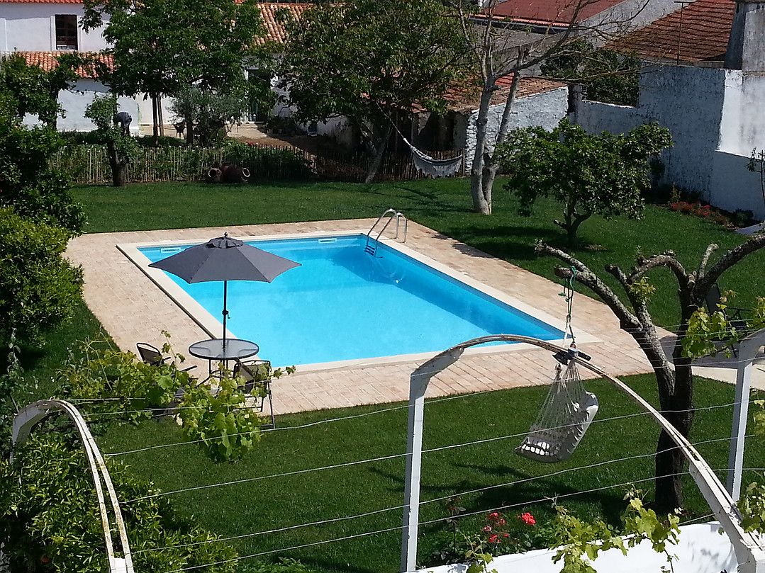 A rectangular swimming pool with a blue surface, surrounded by a grassy area with a few trees and a hammock.