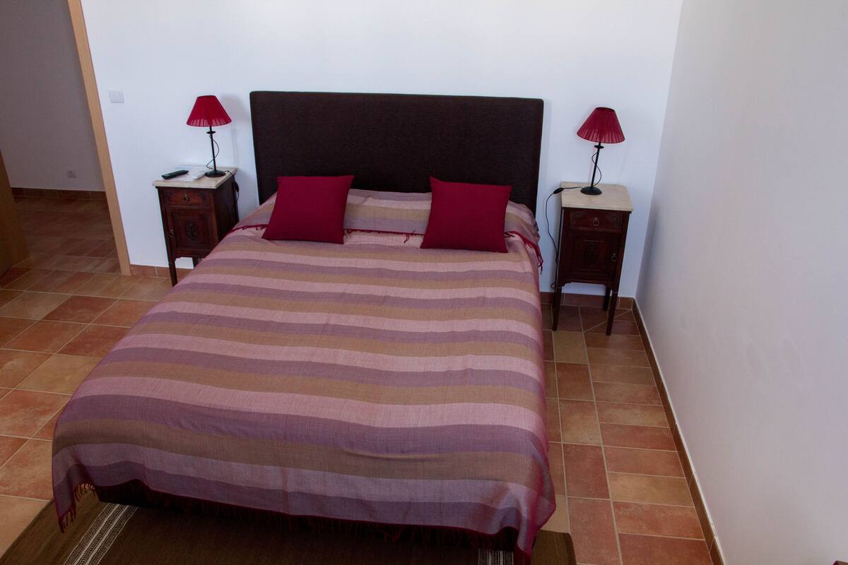 A bed with a striped bedspread, two red pillows, and two bedside tables with lamps.