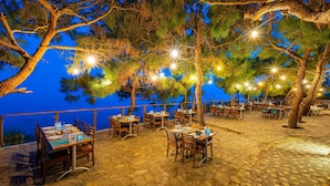 An outdoor dining area with tables and chairs arranged under trees, overlooking a body of water.