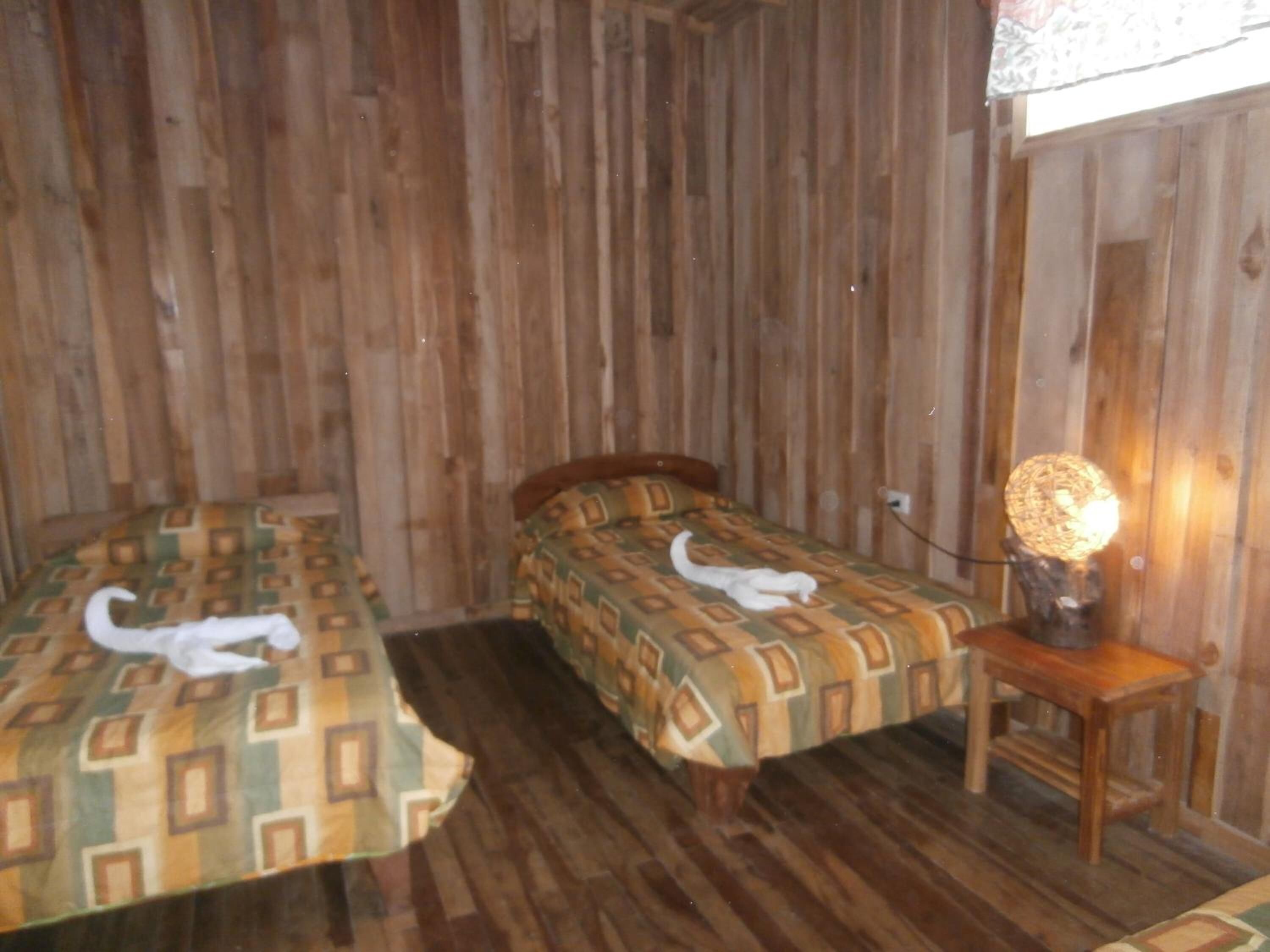 Una habitación con paredes y suelos de madera, dos camas con ropa de cama estampada, una mesita de noche con lámpara y una ventana con cortina.