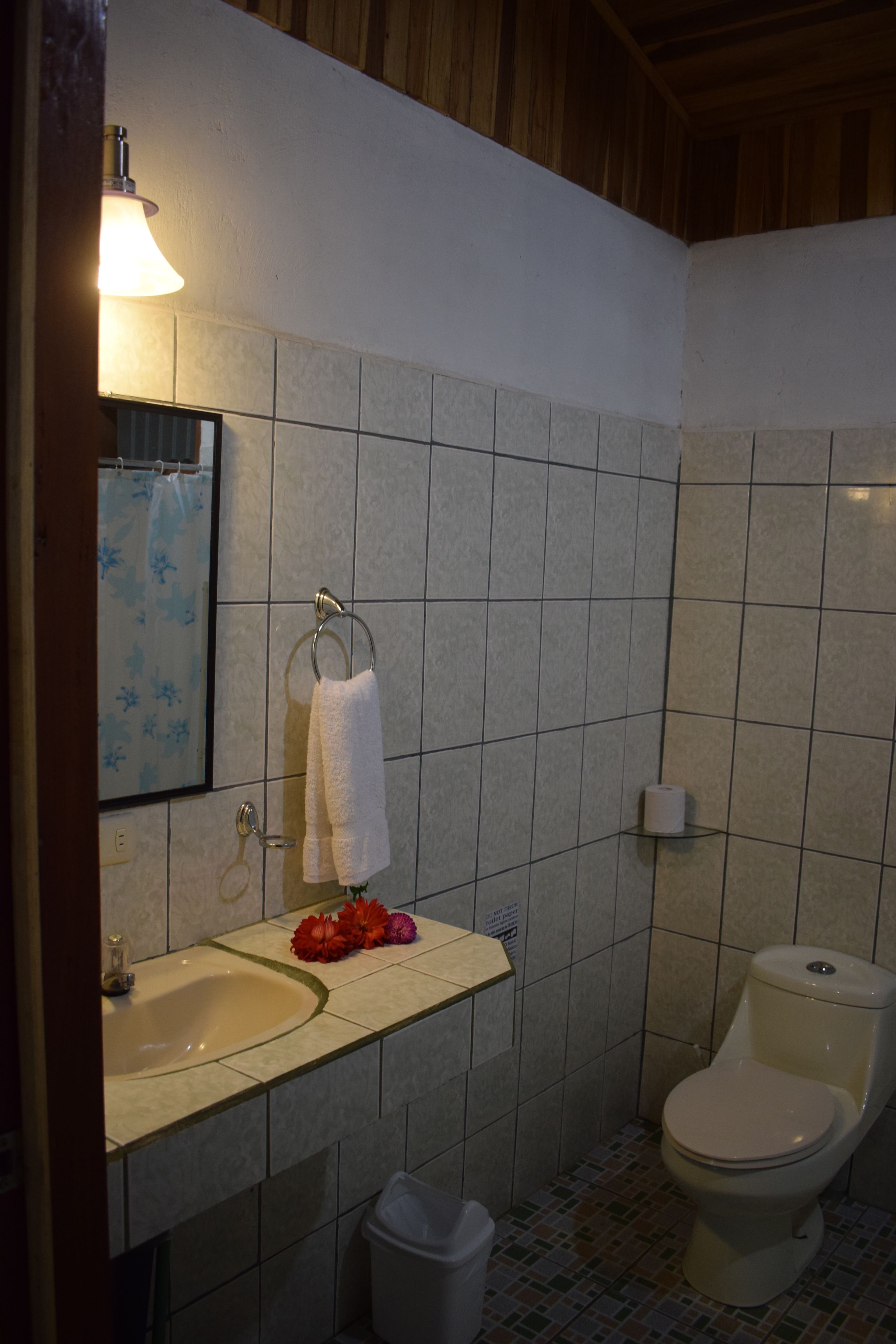 Een badkamer met een wastafel, toilet en spiegel.