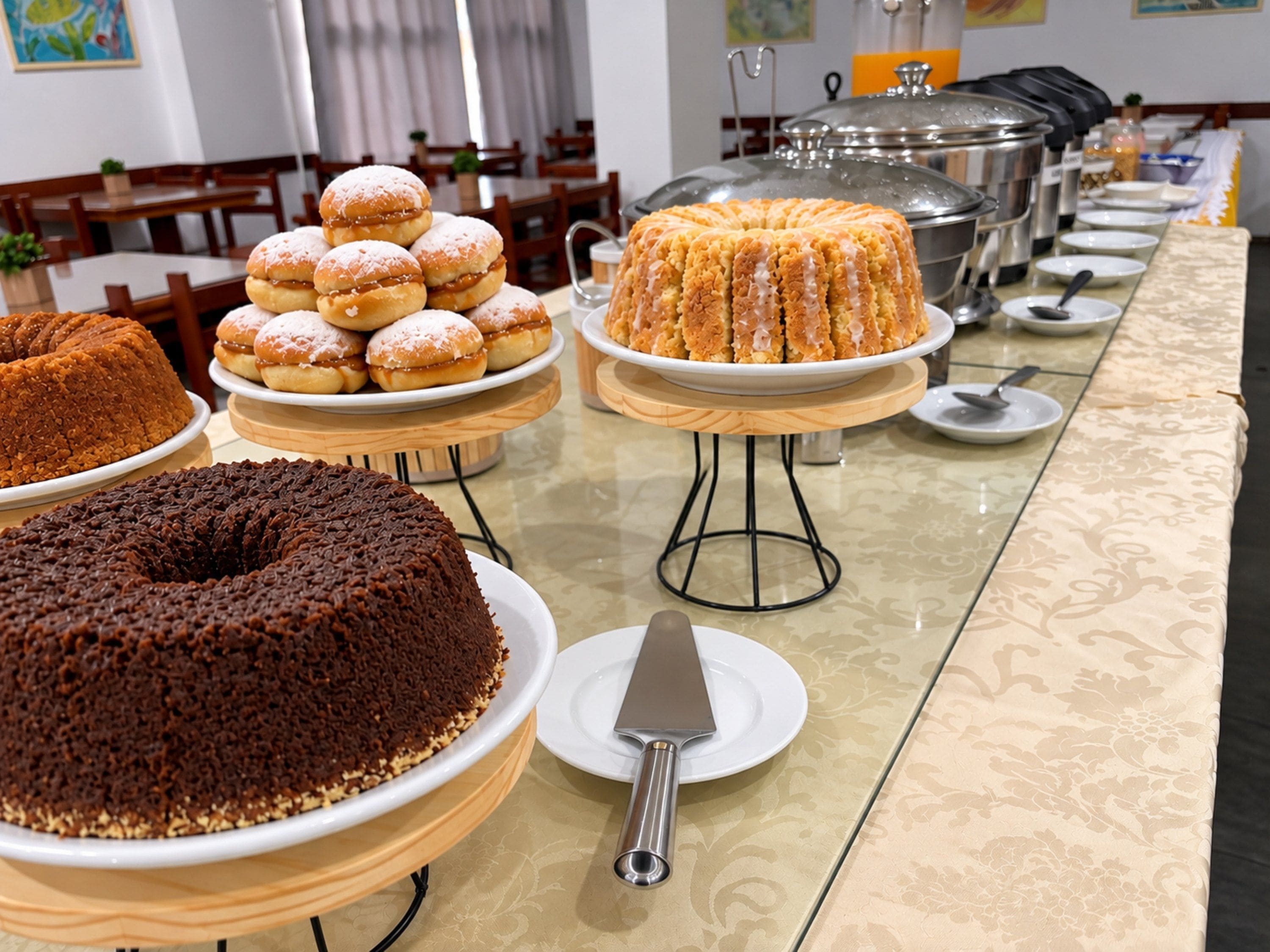 Una mesa de buffet con diversos postres, incluyendo un pastel de chocolate, un pastel trenzado y una bandeja de donas.