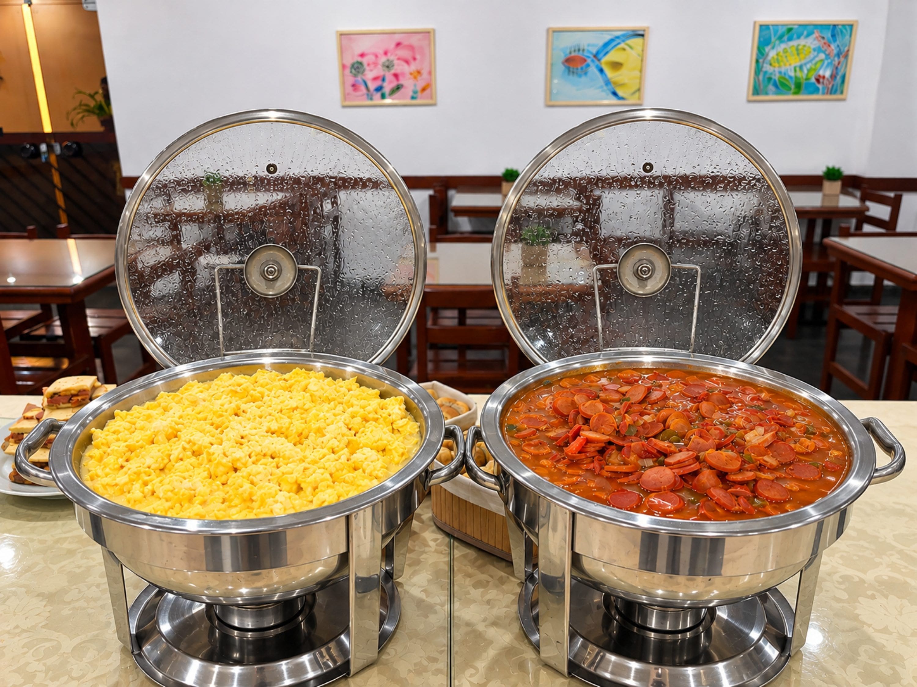 Duas travessas de aço inoxidável com tampas, uma com ovos mexidos e outra com ensopado de legumes e linguiça.