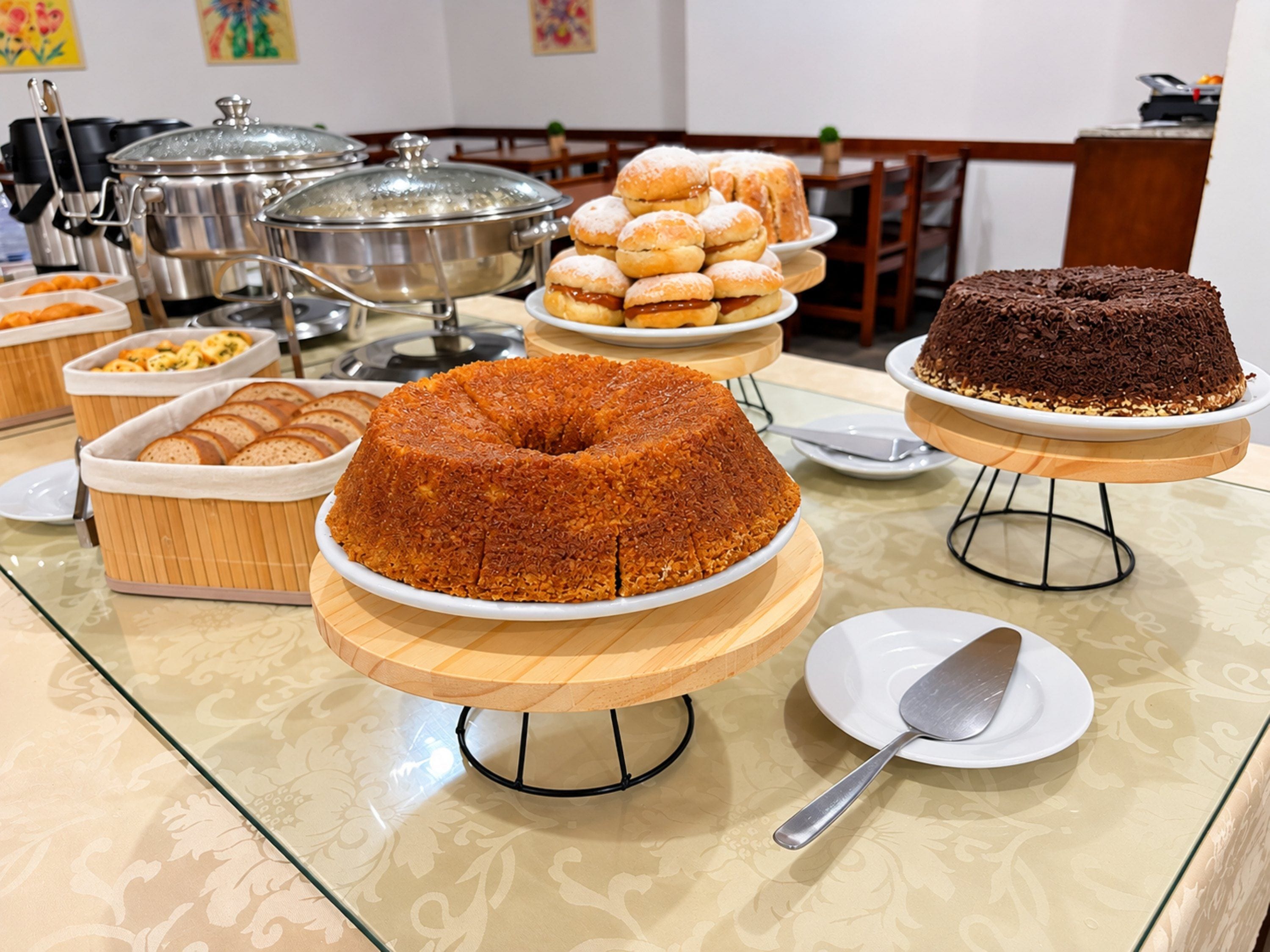 Uma mesa de buffet com diversos doces e produtos de panificação.