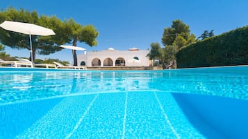 Seasonal outdoor pool, pool umbrellas, pool loungers