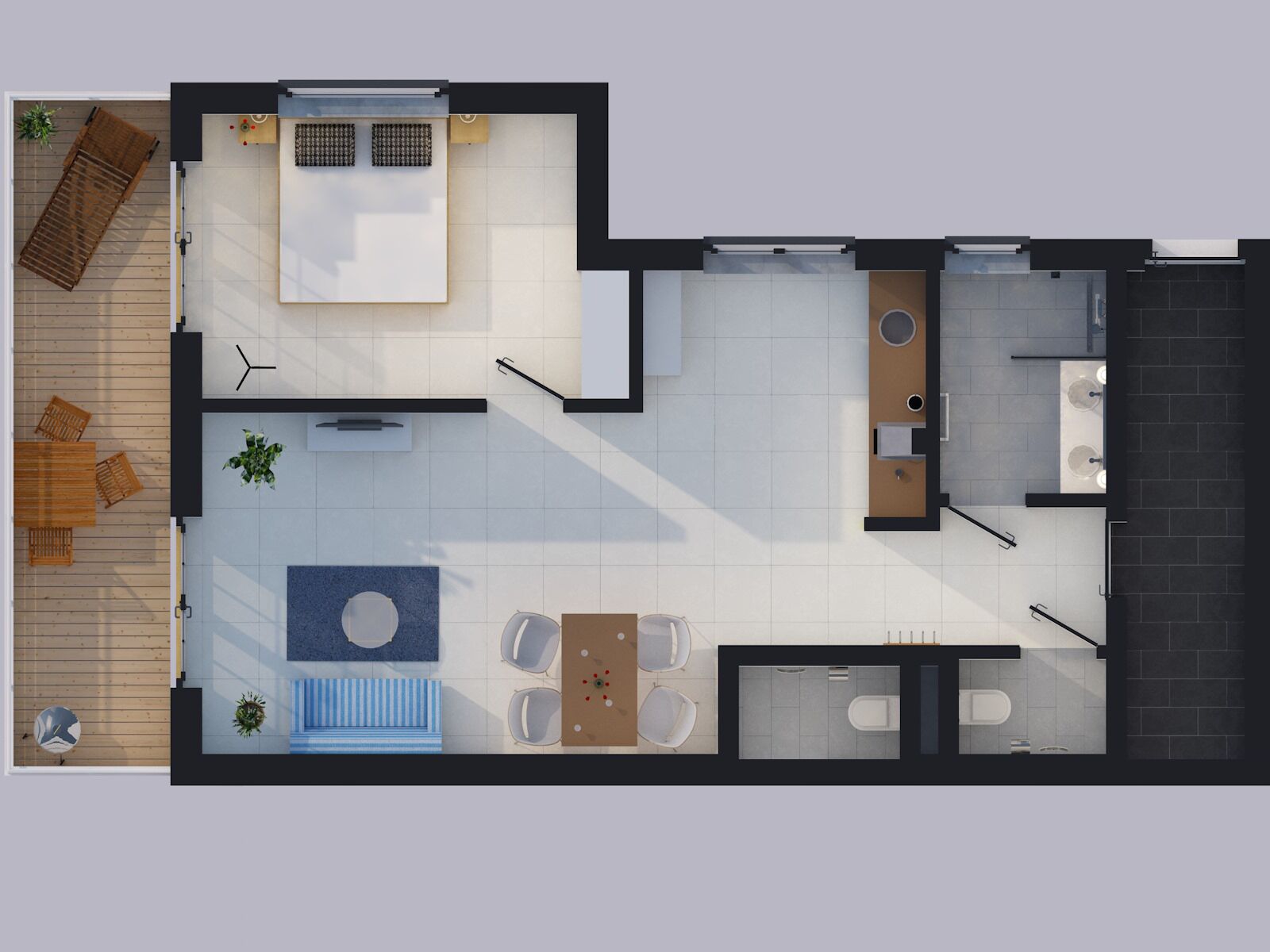 Ein Blick von oben auf eine moderne Wohnung mit Wohnbereich, Küche, Essbereich und einem kleinen Badezimmer.