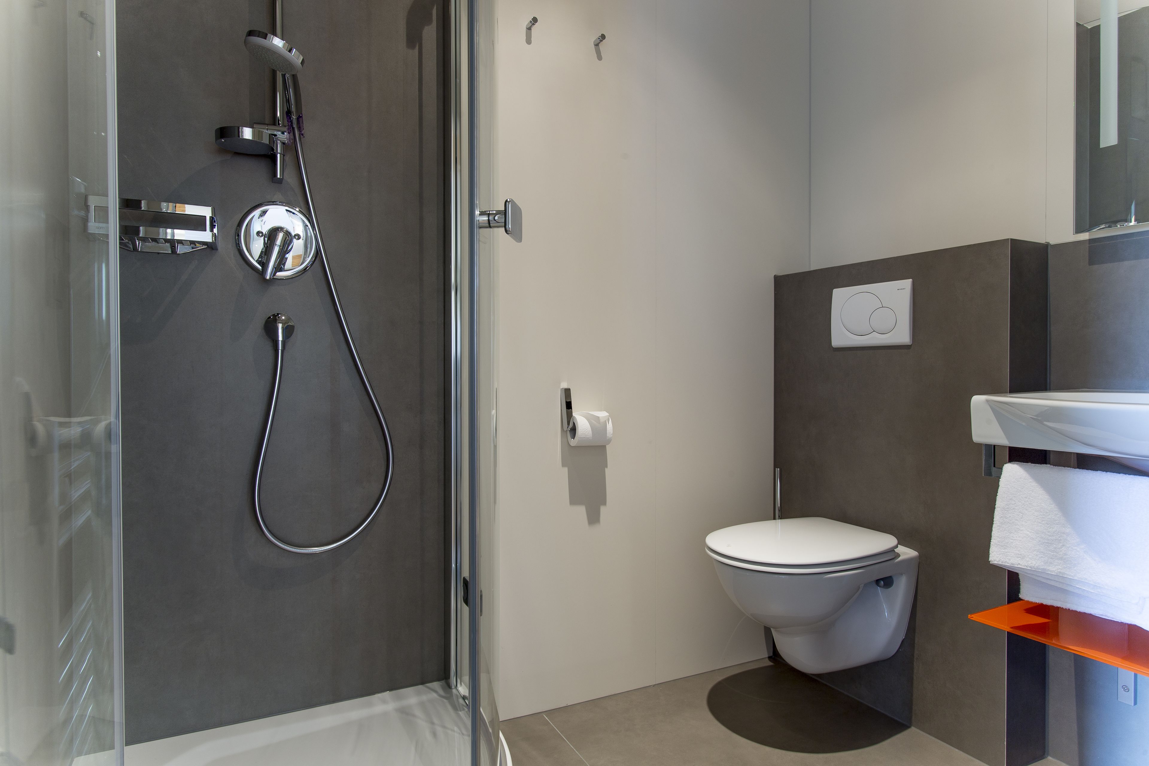 A modern bathroom with a glass shower enclosure, a toilet, and a sink with a towel rack.