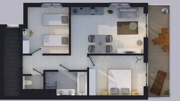 Grundriss einer 2-Zimmer-Wohnung mit Wohnzimmer, Essbereich, Küche, Bad und einem kleinen Balkon.