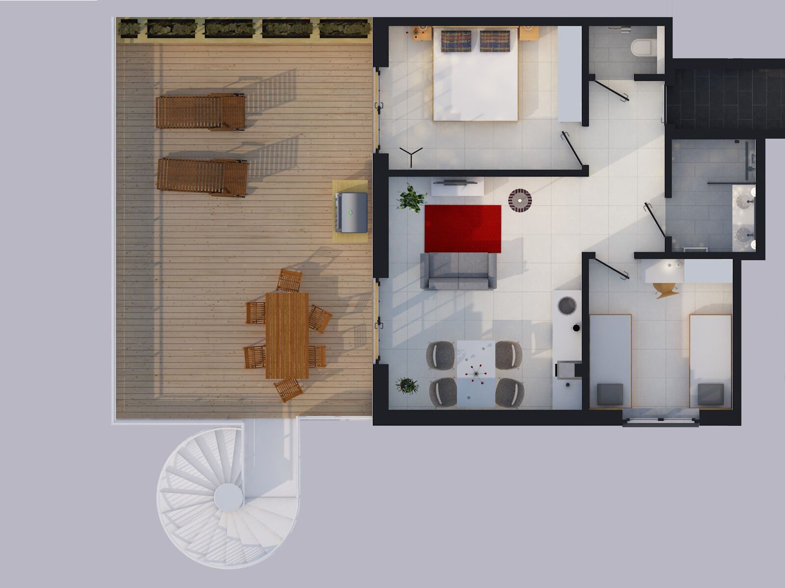 Vue plongeante d’une chambre d’hôtel dotée d’une terrasse en bois, d’un coin repas avec une table et des chaises, d’un salon avec un canapé et un tapis rouge, d’une cuisine avec une cuisinière et un évier, et d’une salle de bain avec une douche et des toilettes.