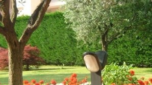 Un jardín con un árbol, un parterre con flores rojas y blancas, y una estructura alta y esbelta.