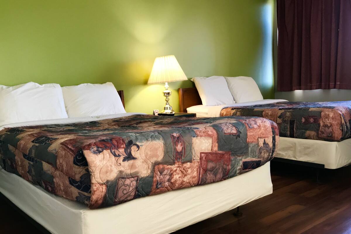 Habitación de hotel con dos camas, una mesita de noche con lámpara y una pared verde.