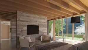 Un dormitorio moderno con techo de madera, un ventanal grande y una cama.