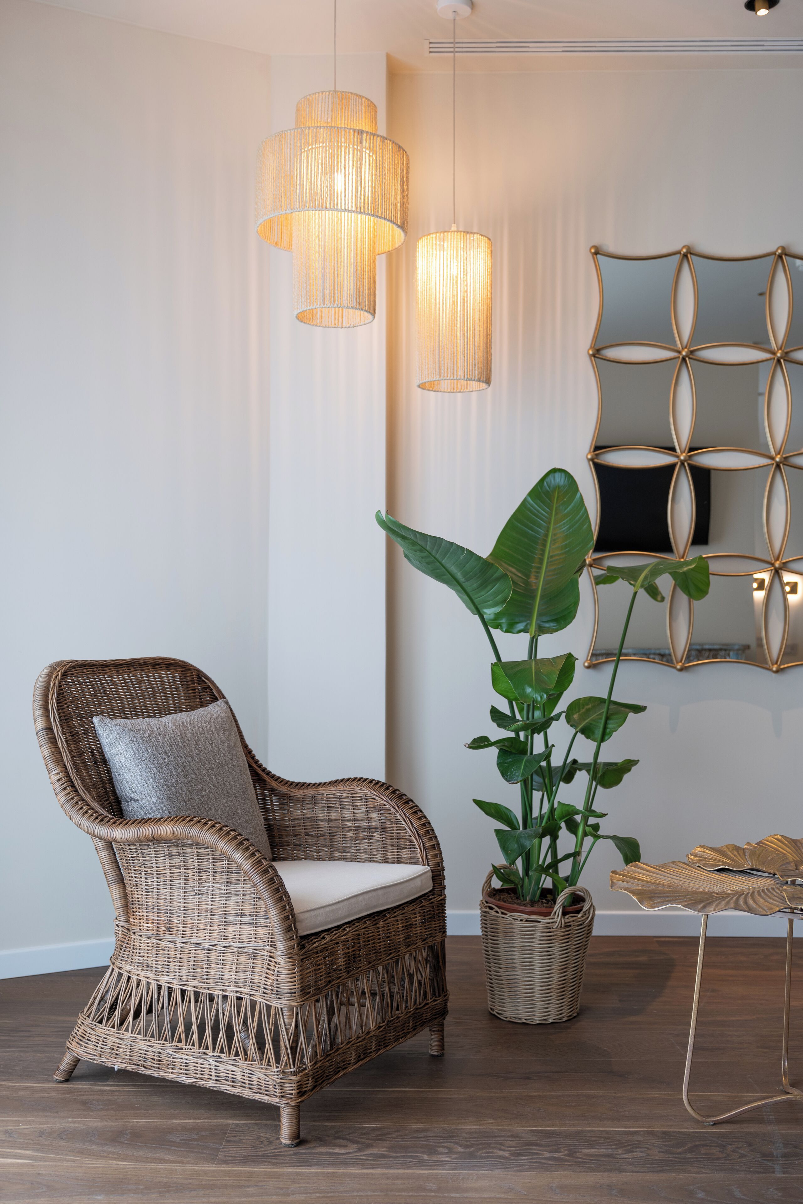 A wicker chair with a cushion, a potted plant, and a wall-mounted mirror.