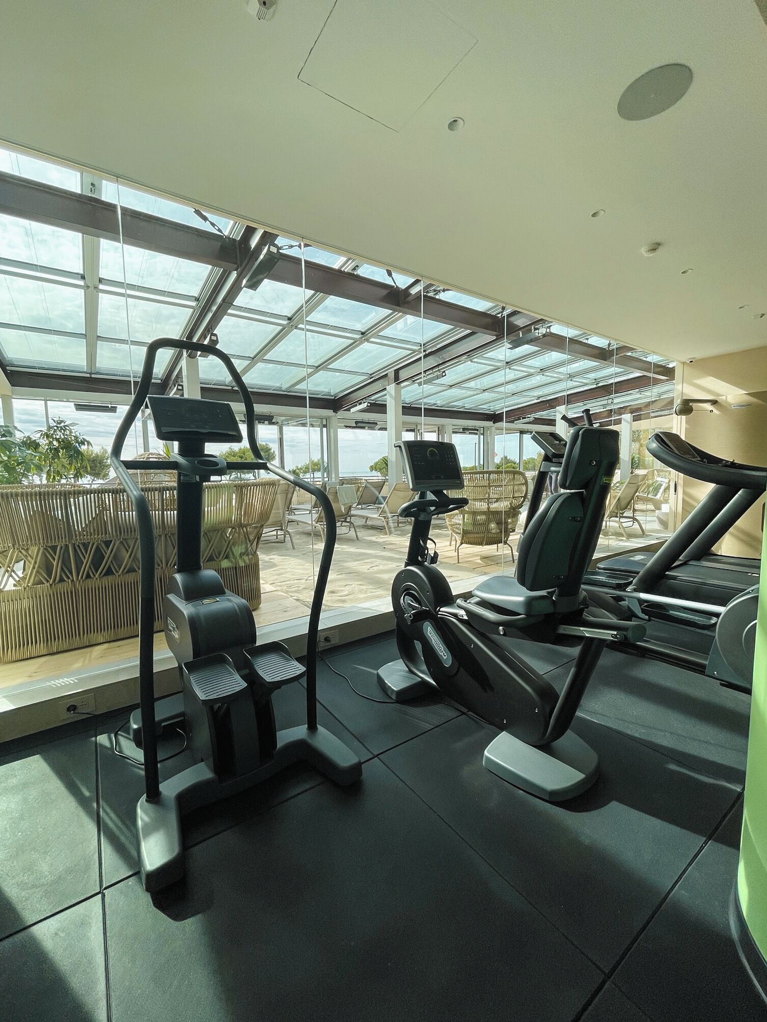 A gym with exercise equipment, large windows, and a view of the outdoors.