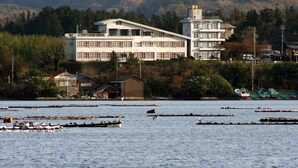 Un grand bâtiment doté de nombreuses fenêtres et d’un toit plat, situé près d’une étendue d’eau où se trouvent plusieurs bateaux.