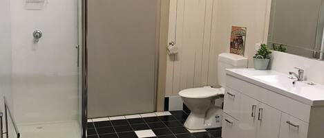 A bathroom with a shower, toilet, sink, and a window.