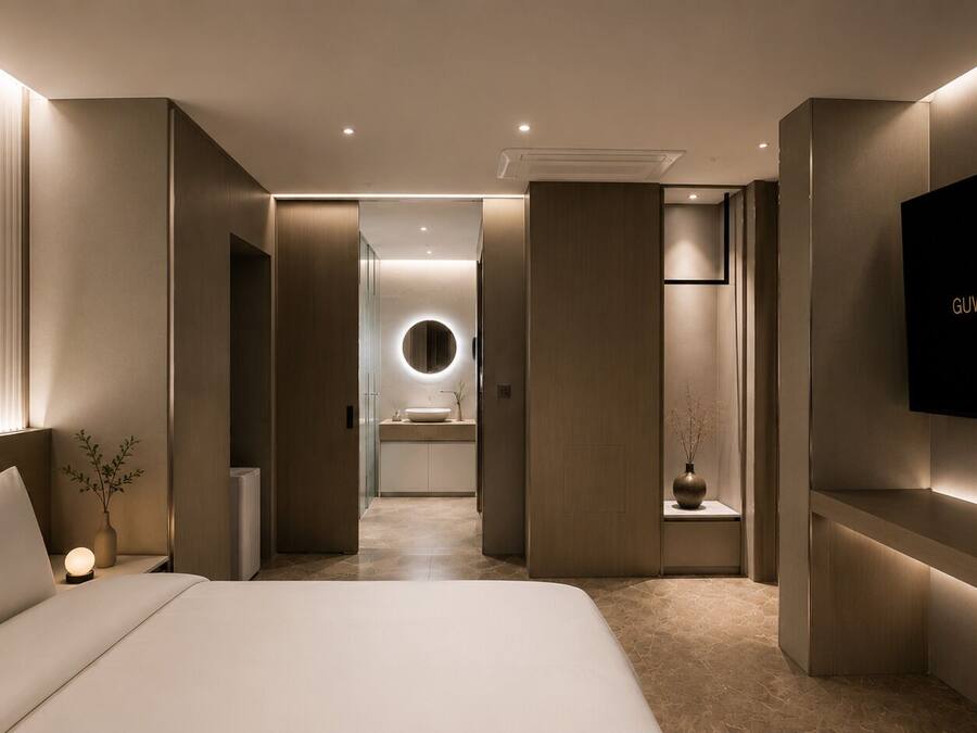 A modern hotel room with a bed, bedside table, TV, and a view into the bathroom.
