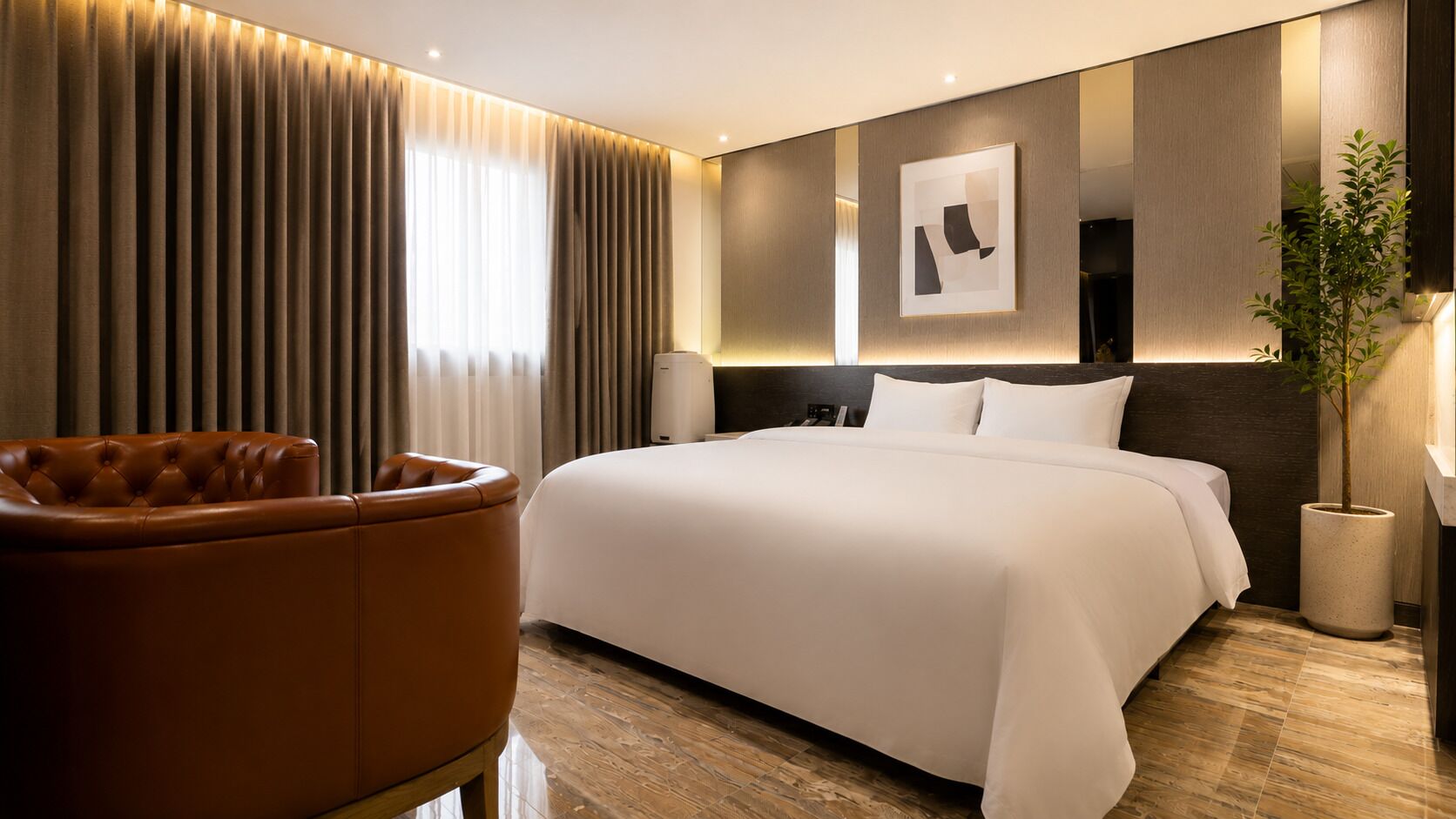 Premium bedding, memory foam beds, desk, blackout drapes