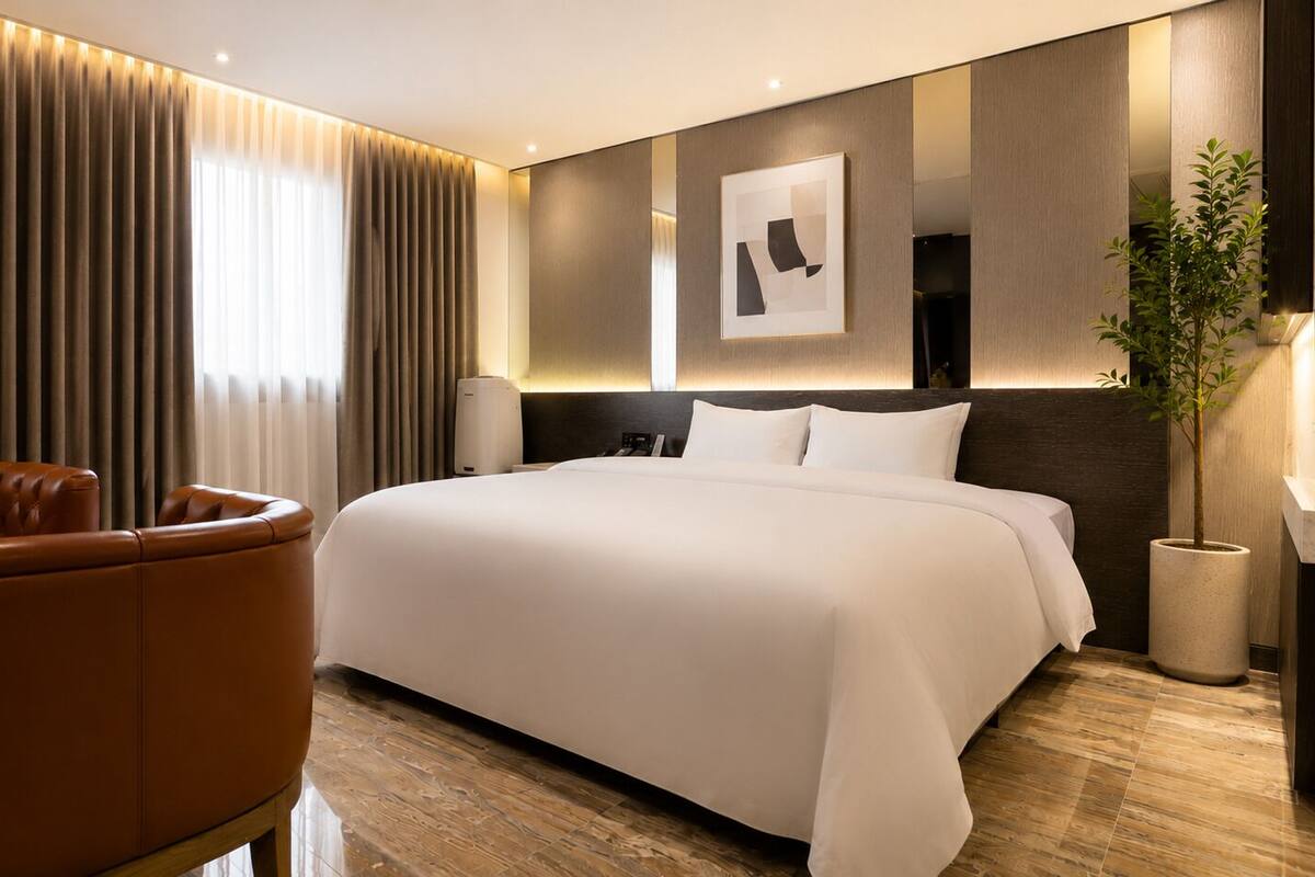 Premium bedding, memory-foam beds, desk, blackout curtains