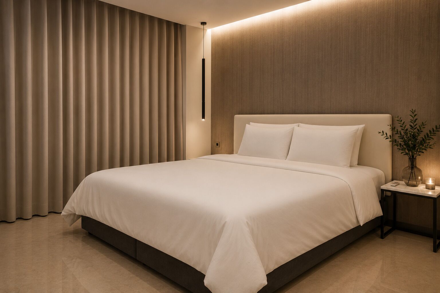 A modern bedroom with a large bed, a bedside table with a vase, and a wall-mounted light.