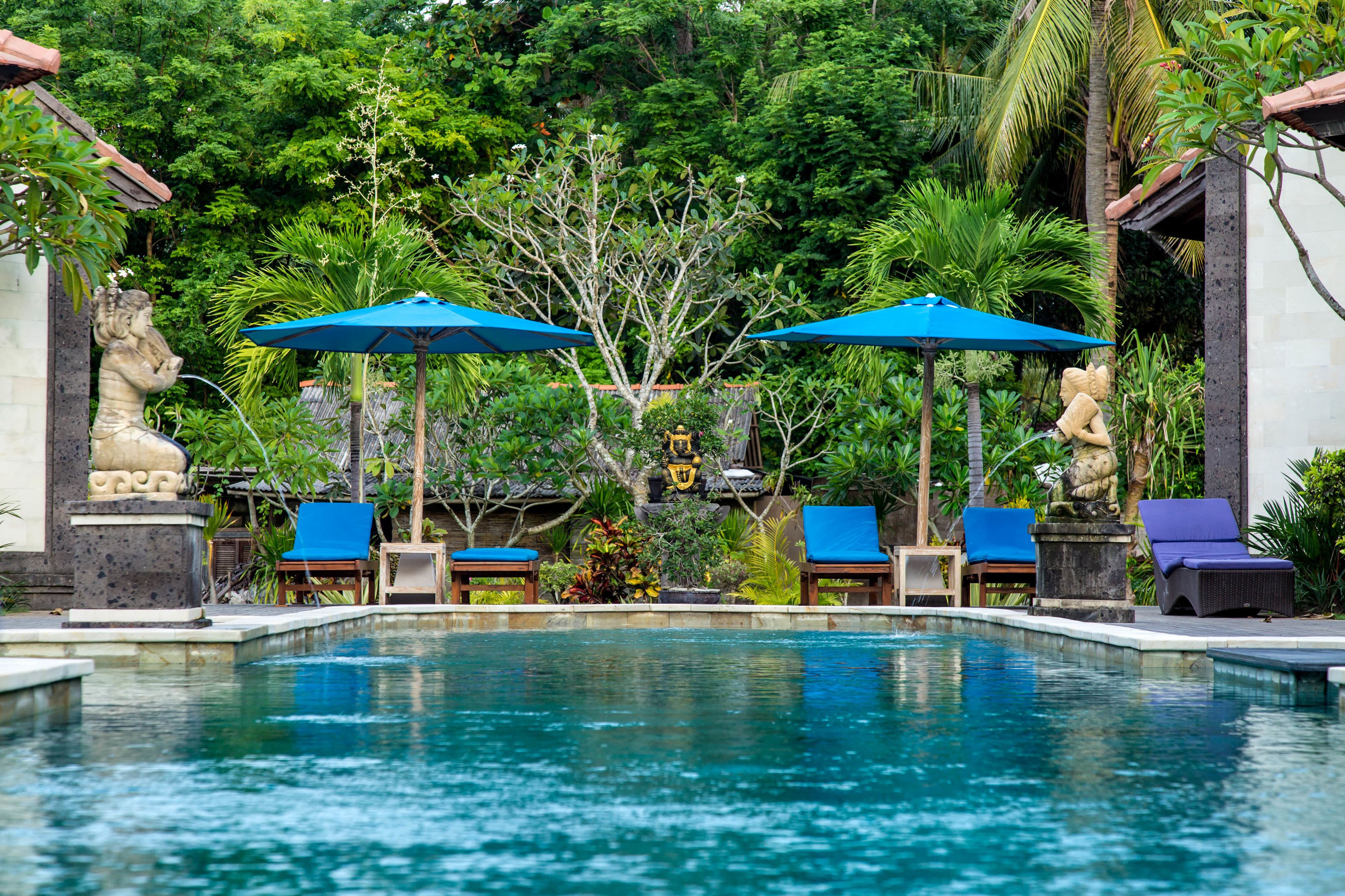 outdoor pool, pool umbrellas, pool loungers