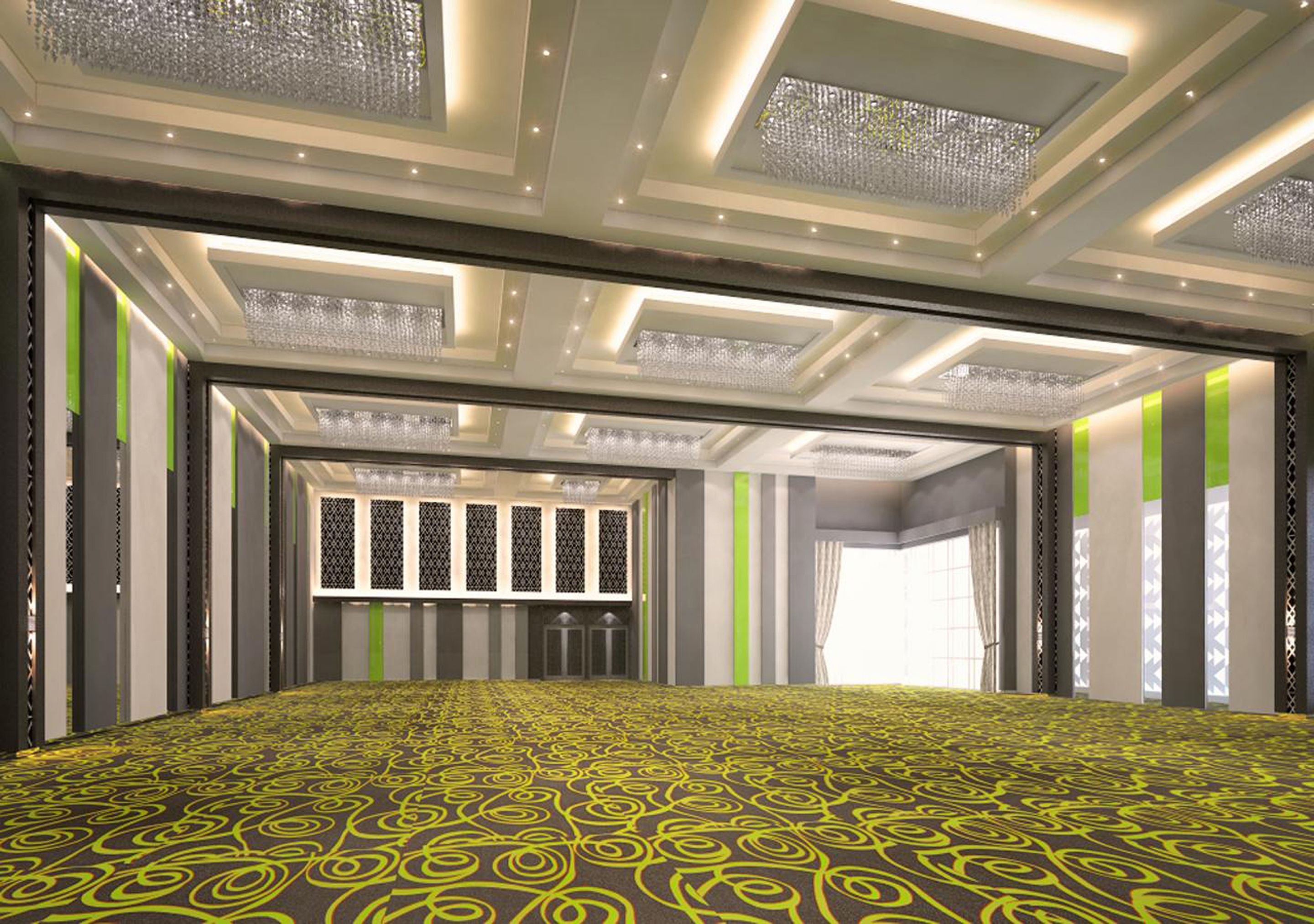 A hotel room with a patterned carpet, a large bed, a chandelier, and a view of the outdoors.