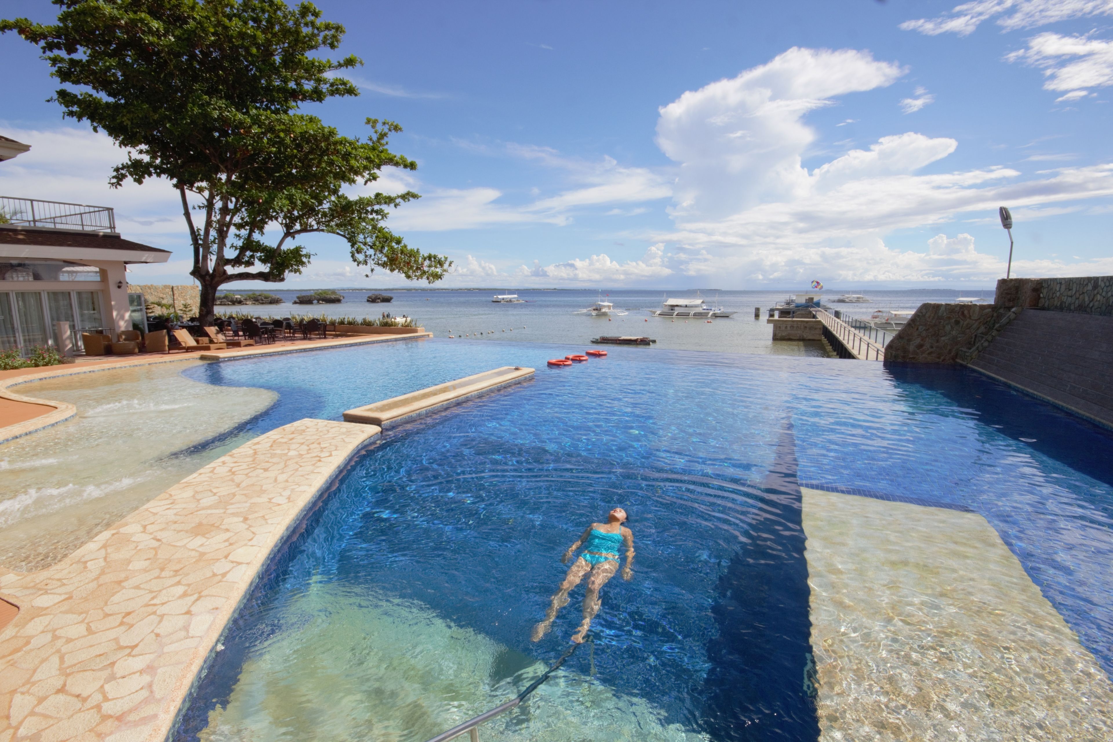 Outdoor pool, pool umbrellas, pool loungers