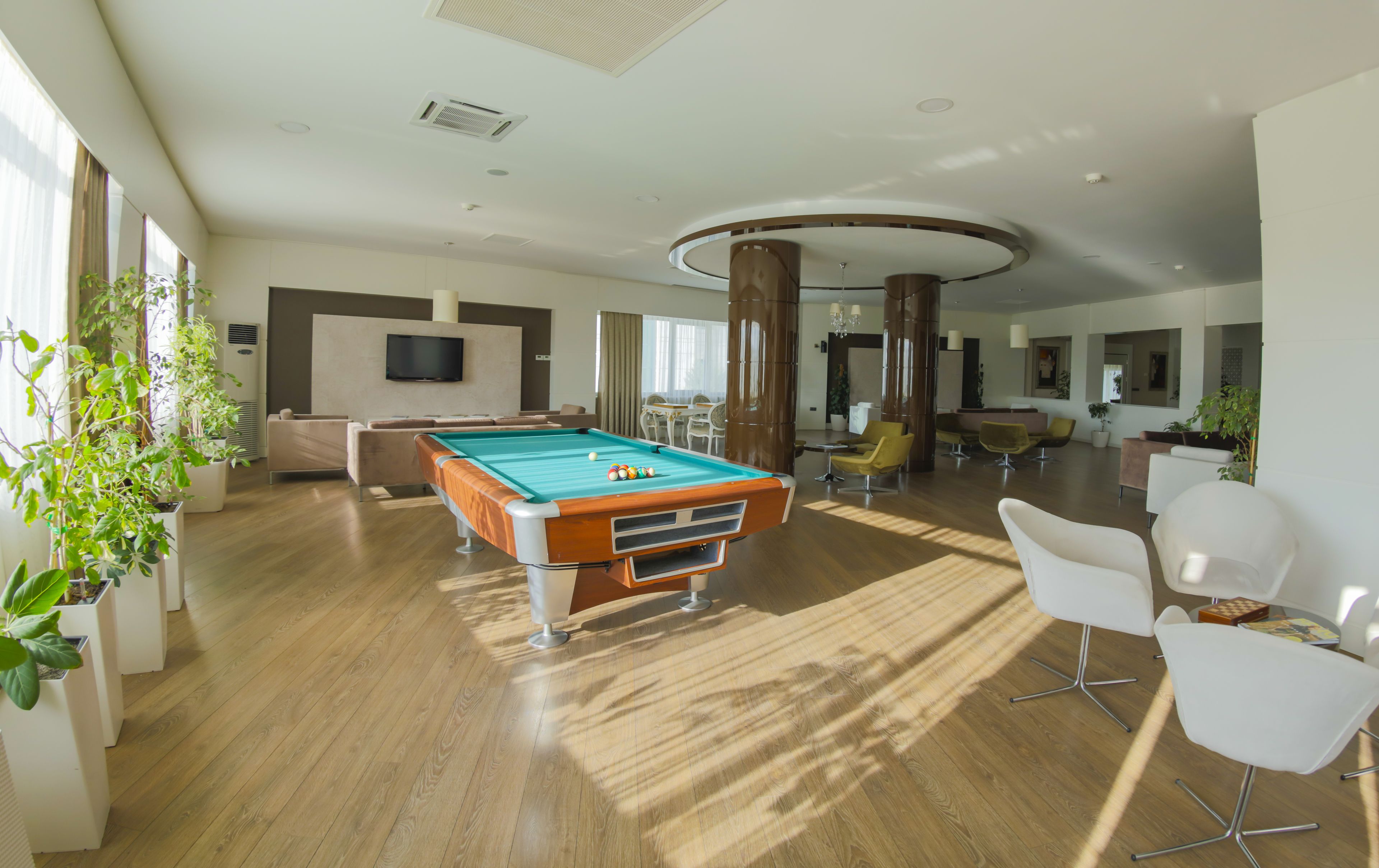 Un grand espace intérieur comprenant une table de billard, des sièges confortables et un téléviseur.