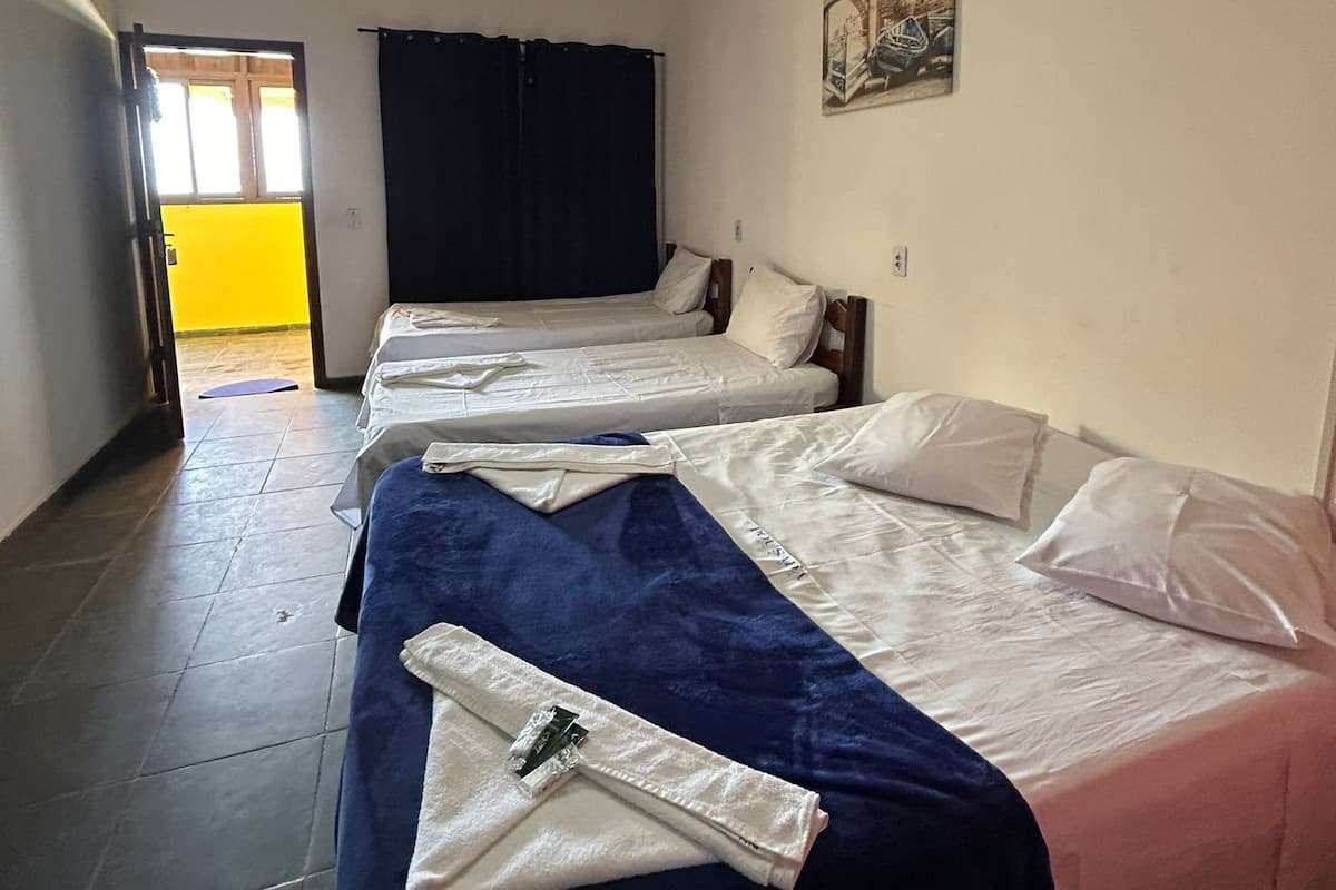 Habitación de hotel con dos camas individuales, un ventilador de techo, un cuadro en la pared y vistas al exterior a través de una ventana.