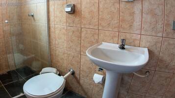 Un baño con inodoro, lavabo y zona de ducha.