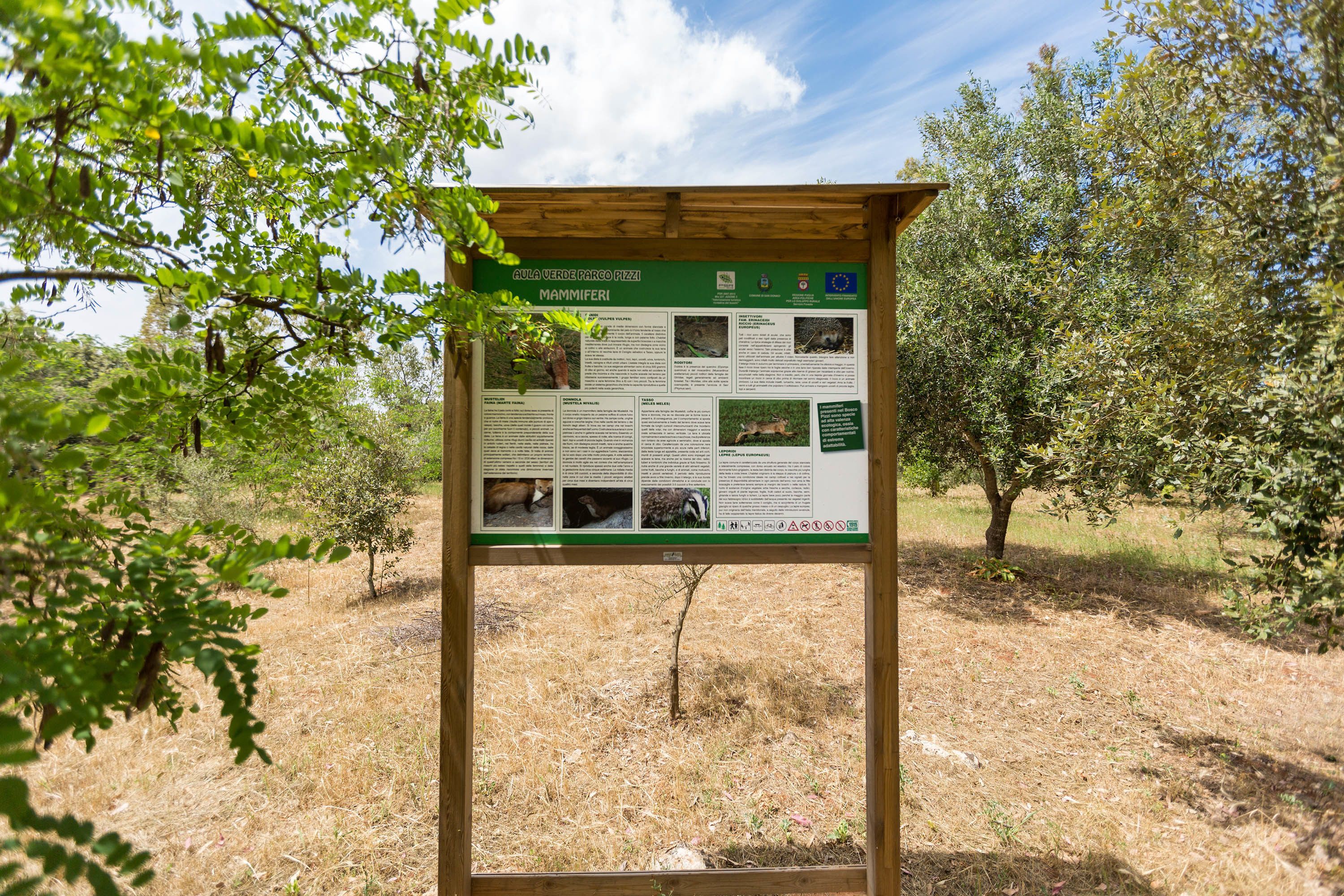A wooden information board in a natural setting with text and images.